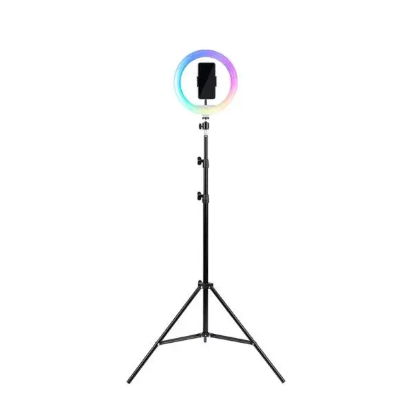 Havit ST7026 RGB Ring Light with Tripod Price in BD - Front view of Havit ST7026 RGB LED ring light displaying colorful lighting effects mounted on tripod
