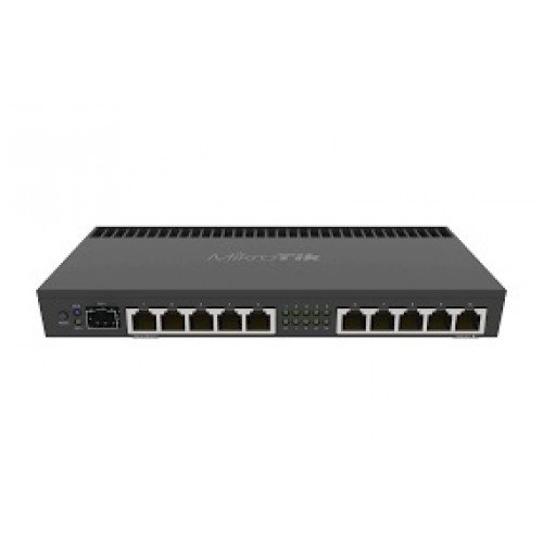 MikroTik RB4011iGS+RM 10xGigabit Ethernet Rackmount Router Price in BD - Black metal rackmount router showing 10 gigabit ports and SFP+ cage