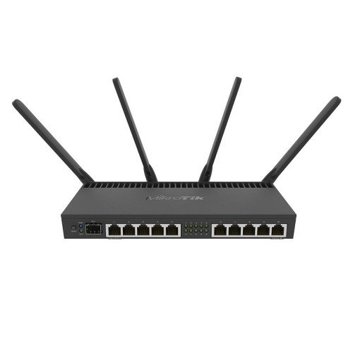 MikroTik RB4011iGS+5HacQ2HnD-IN 10x Gigabit Wireless Router Price in BD - Black metal router with 4 external antennas and 10 gigabit ports