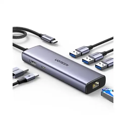 UGREEN 15598 Revodok 1061 Hub premium high capacity heavy duty 6-in-1 portable 4K HDMI fast charging laptop docking station block showing clean Space Gray aluminum minimalist housing body layout with terminal input port slots and attached type-c cord wire view]