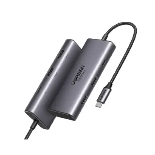 UGREEN 15852 Revodok 206 Hub premium high capacity heavy duty 6-in-1 portable dual 4K HDMI fast charging laptop docking station block showing clean Space Gray aluminum minimalist housing body layout with dual-sided terminal input port slots and attached type-c cord wire view]