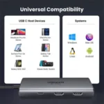 UGREEN 15852 Revodok 206 Hub premium high capacity heavy duty 6-in-1 portable dual 4K HDMI fast charging laptop docking station block showing clean Space Gray aluminum minimalist housing body layout with dual-sided terminal input port slots and attached type-c cord wire view]