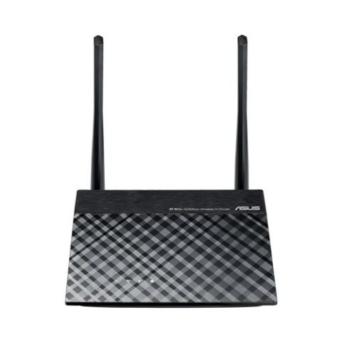 ASUS RT-N12+ 300Mbps Wireless N300 Router in sleek black finish featuring dual high-gain antennas and wired network ports