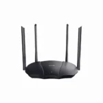 Black Tenda RX9 Pro AX3000 Dual Band Gigabit Wi-Fi 6 Router unit displaying its sleek chassis design front LED status indicator light four tall adjustable 6dBi external antennas and rear Gigabit connection ports layout
