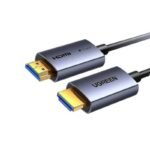 UGREEN 45504 15m HDMI 4K Fiber Optic Male to Male Cable featuring premium aluminum zinc alloy shells, gold-plated connectors, and clear directional labels