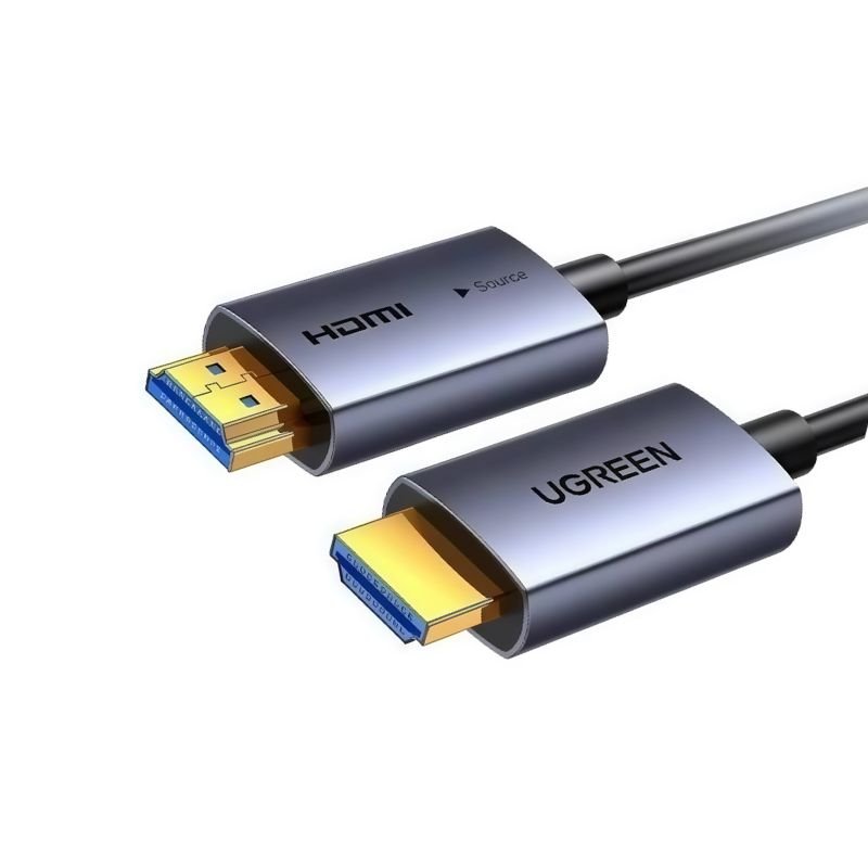 UGREEN 45504 15m HDMI 4K Fiber Optic Male to Male Cable featuring premium aluminum zinc alloy shells, gold-plated connectors, and clear directional labels