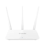 White Tenda F3 300mbps Wireless Router unit showing its slim compact body top face green LED status indicators row three tall adjustable external omnidirectional antennas and back panel network connection ports layout