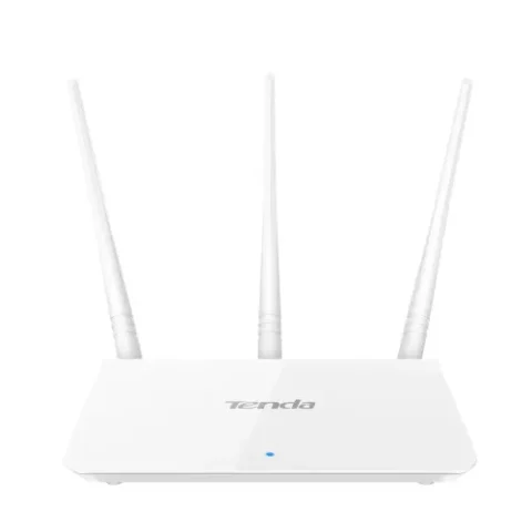 White Tenda F3 300mbps Wireless Router unit showing its slim compact body top face green LED status indicators row three tall adjustable external omnidirectional antennas and back panel network connection ports layout