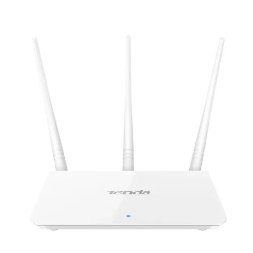 White Tenda F3 300mbps Wireless Router unit showing its slim compact body top face green LED status indicators row three tall adjustable external omnidirectional antennas and back panel network connection ports layout