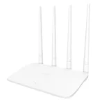 White Tenda F6 300Mbps WiFi Router unit showing its slim compact body top face distinct waveform textured patterns row of green LED status lamps four tall adjustable high gain external antennas and rear input network ports layout