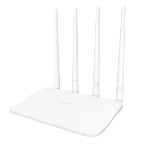 White Tenda F6 300Mbps WiFi Router unit showing its slim compact body top face distinct waveform textured patterns row of green LED status lamps four tall adjustable high gain external antennas and rear input network ports layout
