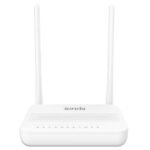 Sleek white Tenda HG6 N300 Wi-Fi GPON ONT Router unit showing its compact casing layout front LED status indicators array two tall adjustable 6dBi antennas and rear fiber SC APC port alongside Gigabit ethernet interface