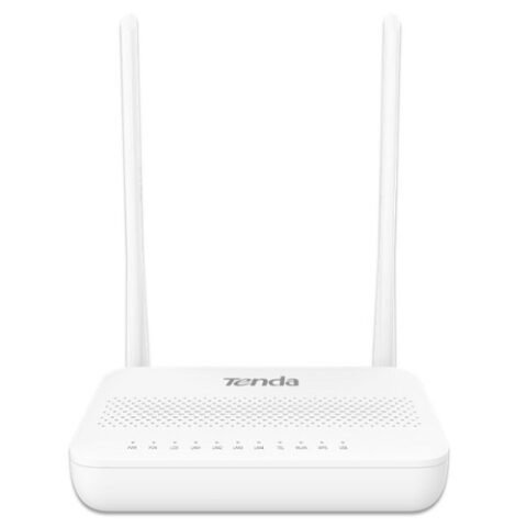 Sleek white Tenda HG6 N300 Wi-Fi GPON ONT Router unit showing its compact casing layout front LED status indicators array two tall adjustable 6dBi antennas and rear fiber SC APC port alongside Gigabit ethernet interface