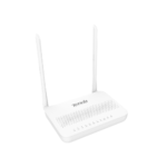 Sleek white Tenda HG6 N300 Wi-Fi GPON ONT Router unit showing its compact casing layout front LED status indicators array two tall adjustable 6dBi antennas and rear fiber SC APC port alongside Gigabit ethernet interface