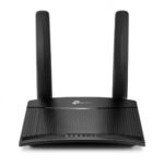 TP-Link TL-MR100 300Mbps 4G LTE Wi-Fi Router in black design featuring external antennas, SIM slot, and ethernet ports