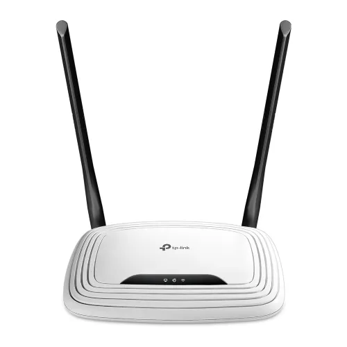 White TP-Link TL-WR841N 300Mbps Wireless Router displaying its slim rounded body layout front status LED indicators two rear 5dBi external antennas and blue WAN yellow LAN ethernet ports