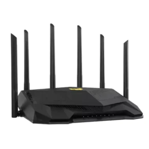 ASUS TUF Gaming AX6000 Dual-Band Wi-Fi 6 Gaming Router in rugged black futuristic gaming design featuring external antennas and 2.5G multi-gigabit ports