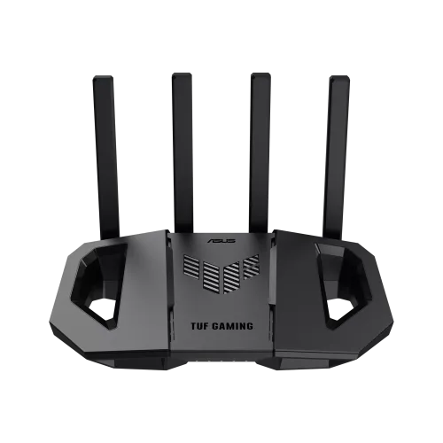 ASUS TUF Gaming BE3600 Dual-Band Wi-Fi 7 Gaming Router in rugged black futuristic gaming design featuring external antennas and multi-gigabit ports