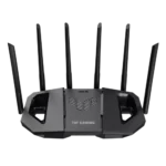 ASUS TUF Gaming BE6500 Dual-Band Wi-Fi 7 Gaming Router in rugged black futuristic gaming design featuring external antennas and multi-gigabit ports