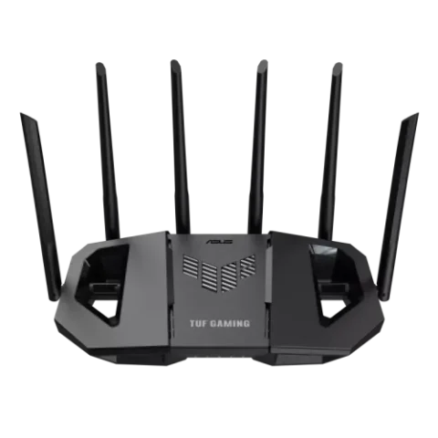 ASUS TUF Gaming BE6500 Dual-Band Wi-Fi 7 Gaming Router in rugged black futuristic gaming design featuring external antennas and multi-gigabit ports