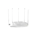 Black Tenda TX12 Pro v2.0 AX3000 Dual Band Gigabit Wi-Fi 6 Router unit showing its modern chassis front status LEDs row five tall adjustable 6dBi antennas and rear Gigabit connection ports layout
