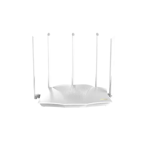 Black Tenda TX12 Pro v2.0 AX3000 Dual Band Gigabit Wi-Fi 6 Router unit showing its modern chassis front status LEDs row five tall adjustable 6dBi antennas and rear Gigabit connection ports layout