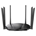 Black Tenda TX3000 Pro AX3000 Dual Band Gigabit Wi-Fi 6 Router unit displaying its modern chassis front status LED indicator light six tall adjustable 6dBi external antennas and rear Gigabit connection ports layout