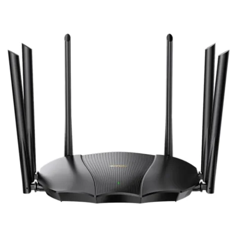 Black Tenda TX3000 Pro AX3000 Dual Band Gigabit Wi-Fi 6 Router unit displaying its modern chassis front status LED indicator light six tall adjustable 6dBi external antennas and rear Gigabit connection ports layout