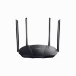 Black Tenda TX9 Pro AX3000 Dual-band Gigabit Wi-Fi 6 Router unit displaying its sleek chassis design front LED status indicator light four tall adjustable 6dBi external antennas and rear Gigabit connection ports layout