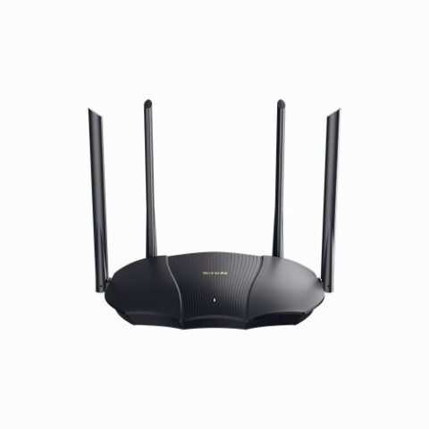 Black Tenda TX9 Pro AX3000 Dual-band Gigabit Wi-Fi 6 Router unit displaying its sleek chassis design front LED status indicator light four tall adjustable 6dBi external antennas and rear Gigabit connection ports layout