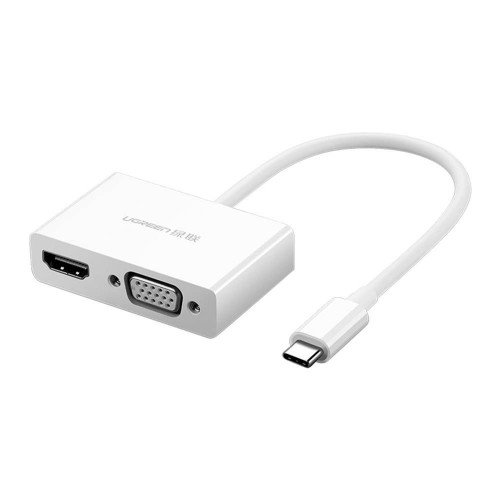 UGREEN 30843 USB Type C to HDMI + VGA Converter in minimalist glossy white finish showing its compact rectangular ABS body with separate female HDMI and VGA ports on the base and a short integrated white cable ending in a gold-plated Type-C plug layout