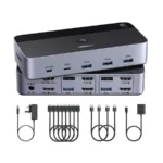 UGREEN 55455 dual-monitor HDMI KVM switch with included cables and controller, displaying 2-in-2-out connectivity for multi-computer setups
