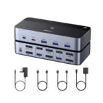 UGREEN 55851 DisplayPort dual monitor KVM switch showing front and rear ports, used to control 2 PCs with 2 monitors and 4 USB devices