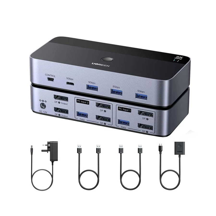 UGREEN 55851 DisplayPort dual monitor KVM switch showing front and rear ports, used to control 2 PCs with 2 monitors and 4 USB devices