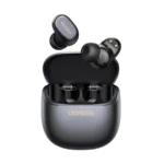 UGREEN 75628 Dots WS220 True Wireless Earbuds in matte black finish, neatly displayed next to their matching pocket-sized charging case