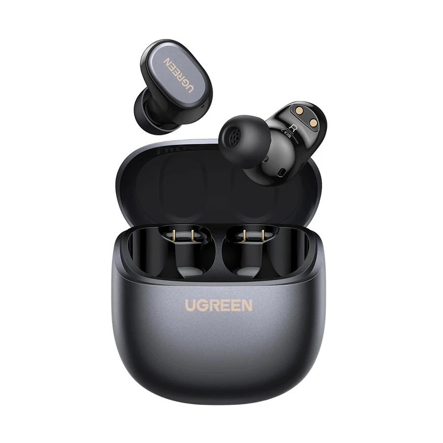 UGREEN 75628 Dots WS220 True Wireless Earbuds in matte black finish, neatly displayed next to their matching pocket-sized charging case