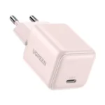UGREEN X512 55556 20W USB-C GaN Fast Charger EU compact wall adapter showing its single Type-C interface port, standard European round two pin plug configuration, and premium fireproof finish layout on a clean white background