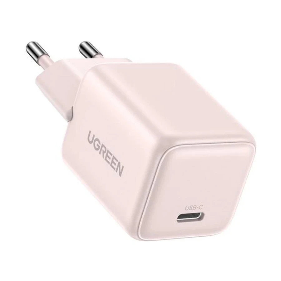 UGREEN X512 55556 20W USB-C GaN Fast Charger EU compact wall adapter showing its single Type-C interface port, standard European round two pin plug configuration, and premium fireproof finish layout on a clean white background