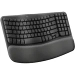 Logitech Wave Keys premium wireless ergonomic keyboard with curved wave shape keyframe profile integrated three layer memory foam cushioned palm rest multi device bluetooth connectivity logi bolt security receiver and long battery life graphite finish desk setup