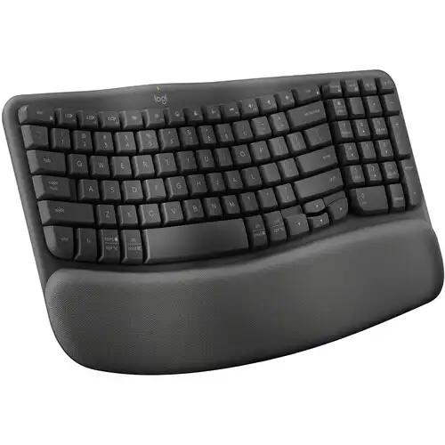 Logitech Wave Keys premium wireless ergonomic keyboard with curved wave shape keyframe profile integrated three layer memory foam cushioned palm rest multi device bluetooth connectivity logi bolt security receiver and long battery life graphite finish desk setup
