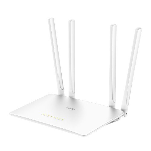 Cudy WR1200 AC1200 Dual Band Smart Wi-Fi Router in clean white color featuring four vertical external antennas and subtle gold status indicator LEDs on the front face