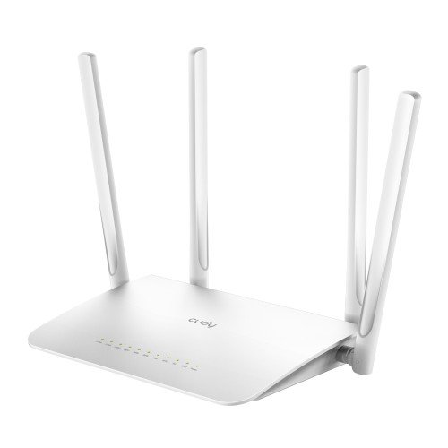 Cudy WR1300 AC1200 Dual Band Gigabit Wi-Fi Router in clean white matte plastic finish showing its thin design profile four external antennas and systemic cooling vents