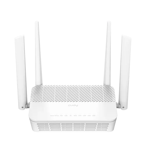 Cudy WR3000S AX3000 Dual Band Gigabit Wi-Fi 6 Mesh Router showing sleek white body with four antennas and rear gigabit ports