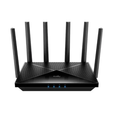 Cudy WR6500 AX6000 Wi-Fi 6 Multi-Gigabit Mesh Router showcasing its black geometric design with high-density premium antennas and localized cooling vents on a white background