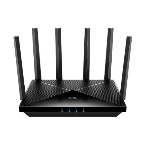 Cudy WR6500 AX6000 Wi-Fi 6 Multi-Gigabit Mesh Router showcasing its black geometric design with high-density premium antennas and localized cooling vents on a white background