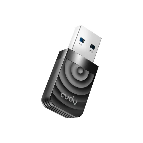 Cudy WU1300S AC1300 Dual-Band USB 3.0 Wi-Fi adapter with its distinct high-gain foldable antenna for enhanced wireless signal reception on desktop PCs and laptops
