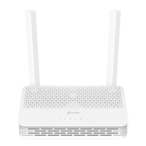 White TP-Link XC220-G3 AC1200 Wireless XPON Router showing its sleek housing high gain external antennas front LED indicator lights and rear SC APC fiber optical port