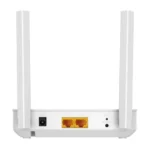 White TP-Link XC220-G3 AC1200 Wireless XPON Router showing its sleek housing high gain external antennas front LED indicator lights and rear SC APC fiber optical port