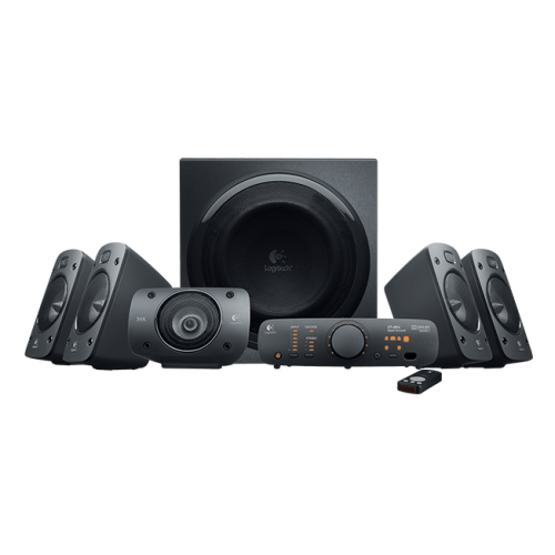 z906-gallery-500x500 Logitech Z906 5.1 surround sound theater speaker system displaying its four angled satellite speakers, horizontal center channel unit, large side firing wooden subwoofer box, sleek desktop control console module, and slim wireless remote lines