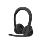 Logitech Zone 300 wireless Bluetooth headphone in matte black finish showing its ultra lightweight padded headband design, soft on ear cushions, and integrated dual beamforming microphone boom arm pointing forward visually